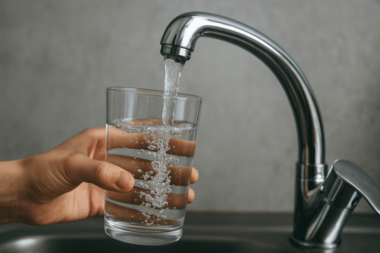 Νερό που τρέχει από βρύση και γεμίζει ποτήρι — συμβολική εικόνα για την ποιότητα και καθαρότητα του πόσιμου νερού.