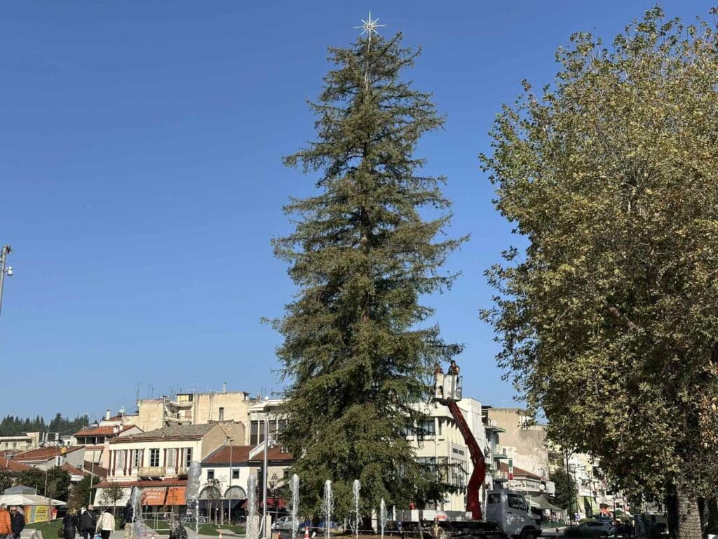Συνεργείο του Δήμου Τρικκαίων τοποθετεί φωτισμό στο ψηλό φυσικό χριστουγεννιάτικο δέντρο της κεντρικής πλατείας.