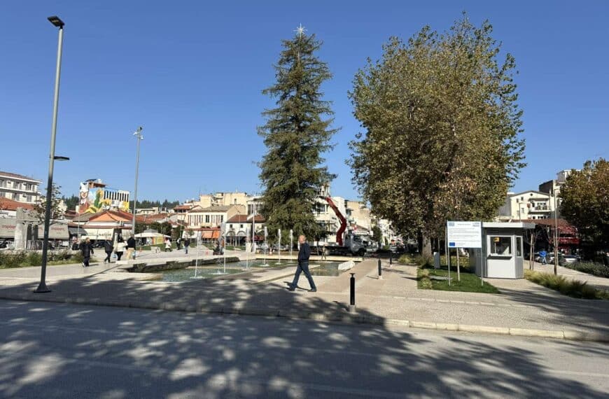 Άποψη της κεντρικής πλατείας Τρικάλων με το ψηλό φυσικό χριστουγεννιάτικο δέντρο και τα συνεργεία που προετοιμάζουν τον στολισμό