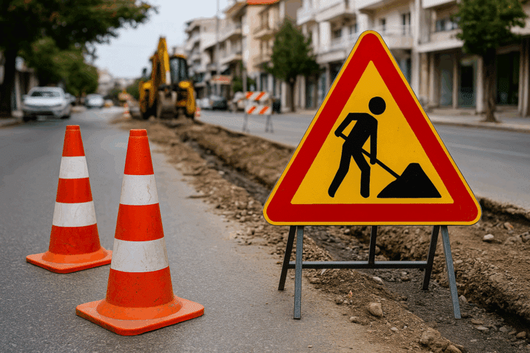 Σήμανση οδικών έργων στα Τρίκαλα με κώνους και προειδοποιητικό σήμα για εργασίες στο οδόστρωμα.