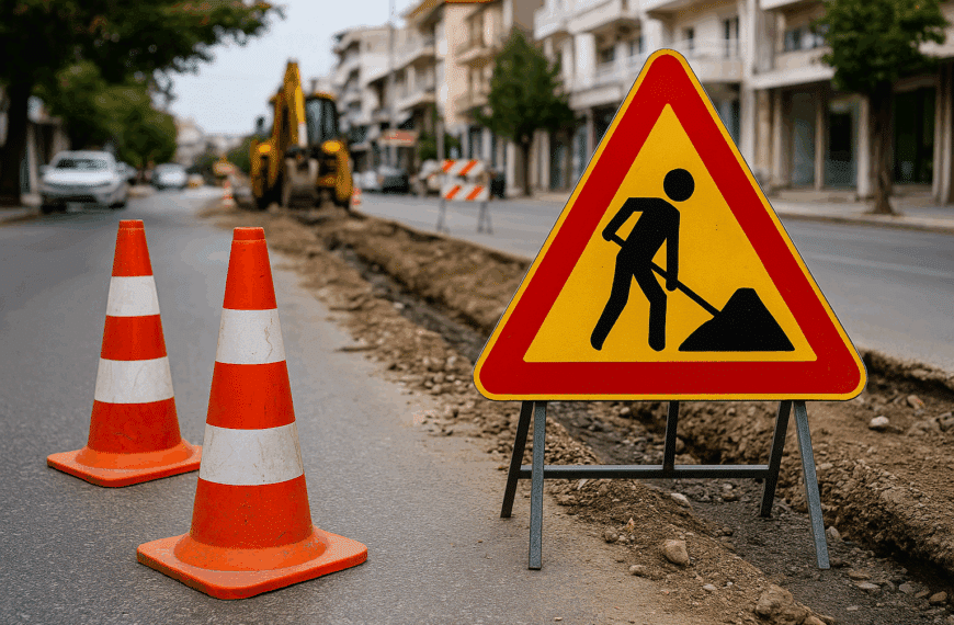 Σήμανση οδικών έργων στα Τρίκαλα με κώνους και προειδοποιητικό σήμα για εργασίες στο οδόστρωμα.