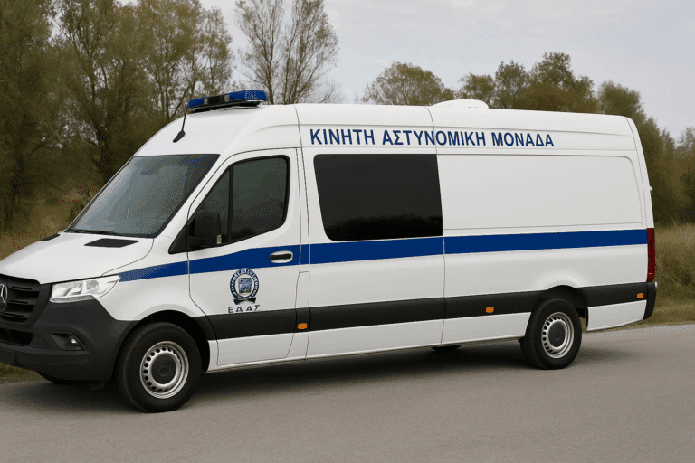 Κινητή Αστυνομική Μονάδα της ΕΛ.ΑΣ. σταθμευμένη σε επαρχιακό δρόμο της Θεσσαλίας με φόντο δέντρα και βουνά.