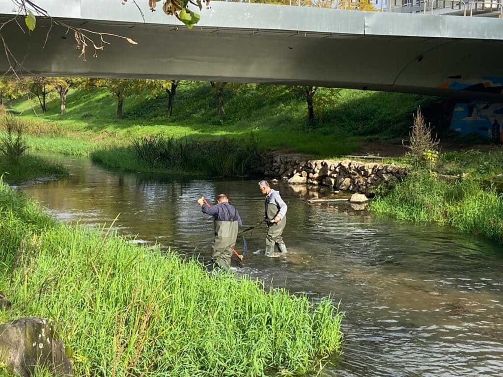 Εργασίες καθαρισμού της κοίτης του Ληθαίου από συνεργείο του Δήμου Τρικκαίων με ειδικό σκάφος και προσωπικό μέσα στο ποτάμι