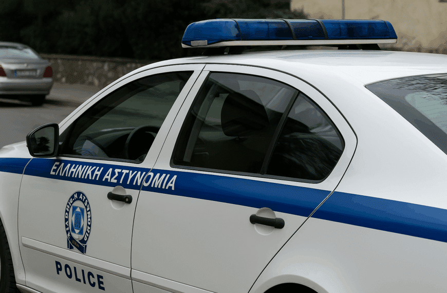 Περιπολικό της Ελληνικής Αστυνομίας σταθμευμένο σε δρόμο στην Ελασσόνα κατά τη διάρκεια επιχείρησης για υποθέσεις απάτης