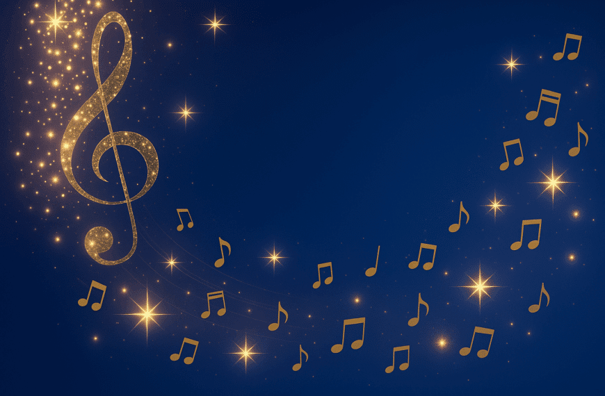 Γιορτινό μπλε φόντο με χρυσές μουσικές νότες και λαμπερές φωτεινές λεπτομέρειες.