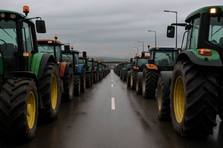 Σειρά από τρακτέρ παραταγμένα στον Ε65 κατά τη διάρκεια αγροτικής διαμαρτυρίας στα Τρίκαλα