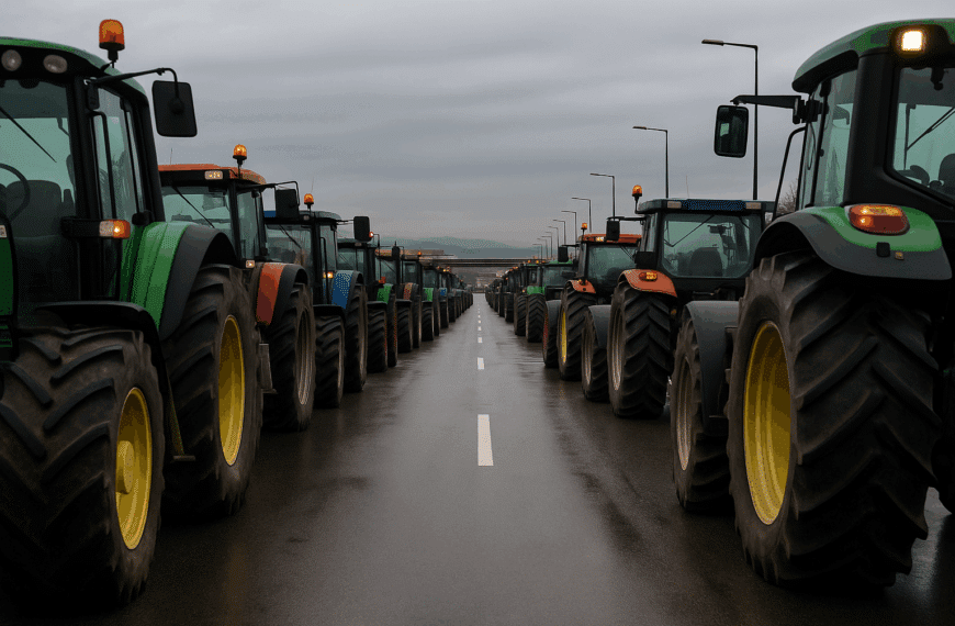 Σειρά από τρακτέρ παραταγμένα στον Ε65 κατά τη διάρκεια αγροτικής διαμαρτυρίας στα Τρίκαλα