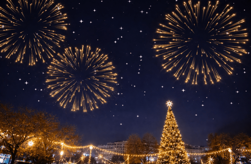 Πυροτεχνήματα στον νυχτερινό ουρανό πάνω από φωτισμένη κεντρική πλατεία στα Τρίκαλα, κατά τον εορτασμό της Πρωτοχρονιάς.