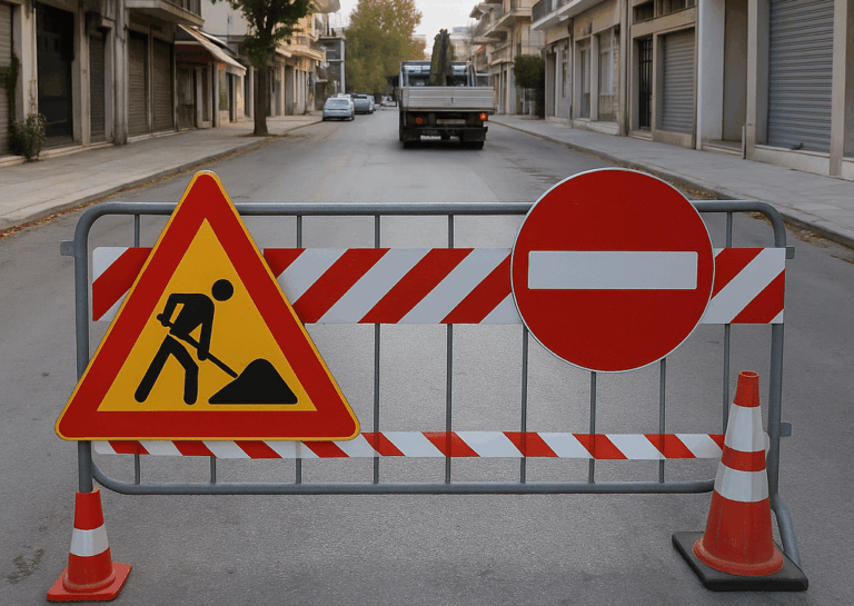 Κλειστός δρόμος στα Τρίκαλα με εργοταξιακή σήμανση και προσωρινό φραγμό λόγω εργασιών.