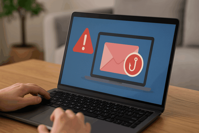 Χρήστης μπροστά σε laptop που εμφανίζει προειδοποίηση για phishing e-mail