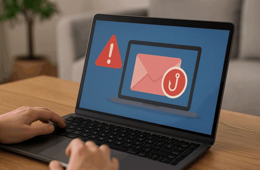 Χρήστης μπροστά σε laptop που εμφανίζει προειδοποίηση για phishing e-mail