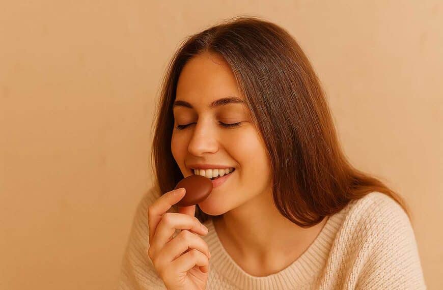 Νεαρή γυναίκα απολαμβάνει σοκολατένιο μπισκότο σε ζεστό, γιορτινό περιβάλλον