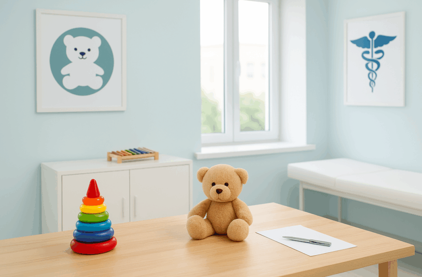 Παιδιατρικό ιατρείο με παιχνίδια και αρκουδάκι σε ξύλινο γραφείο, σε φωτεινό χώρο με γαλάζιους τοίχους.