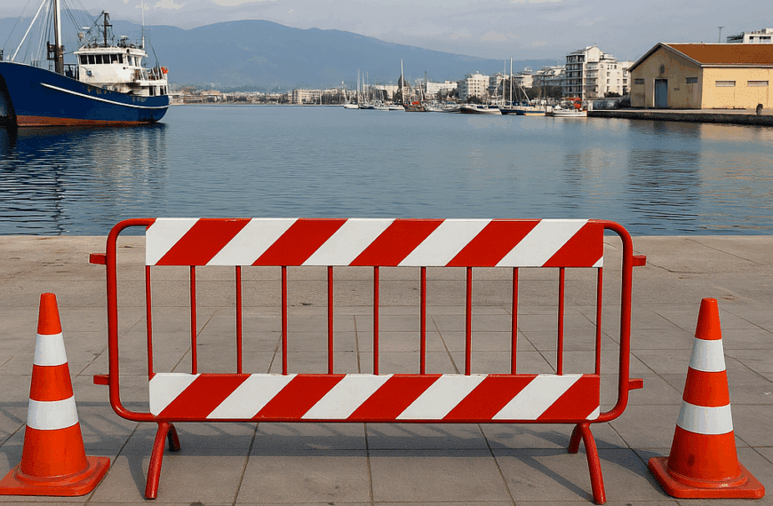 Φραγμός και κώνοι σε προβλήτα του λιμανιού Βόλου με θέα πλοία και την πόλη στο βάθος.
