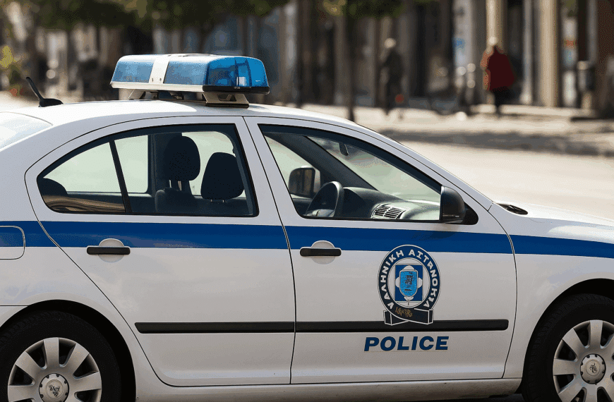 Περιπολικό της Ελληνικής Αστυνομίας σταθμευμένο σε δρόμο πόλης σε ώρα ημέρας.