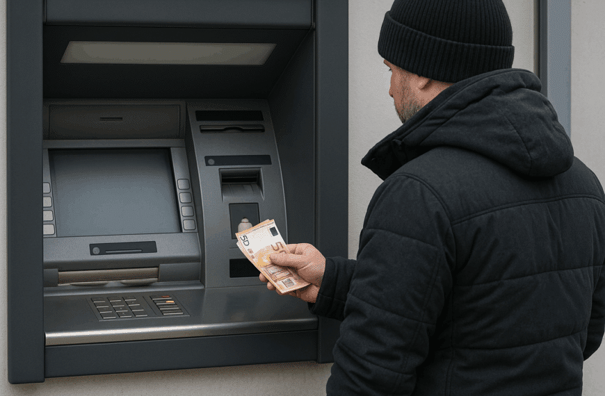 Άνδρας με χειμωνιάτικο μπουφάν και σκούφο πραγματοποιεί ανάληψη χρημάτων από ΑΤΜ.