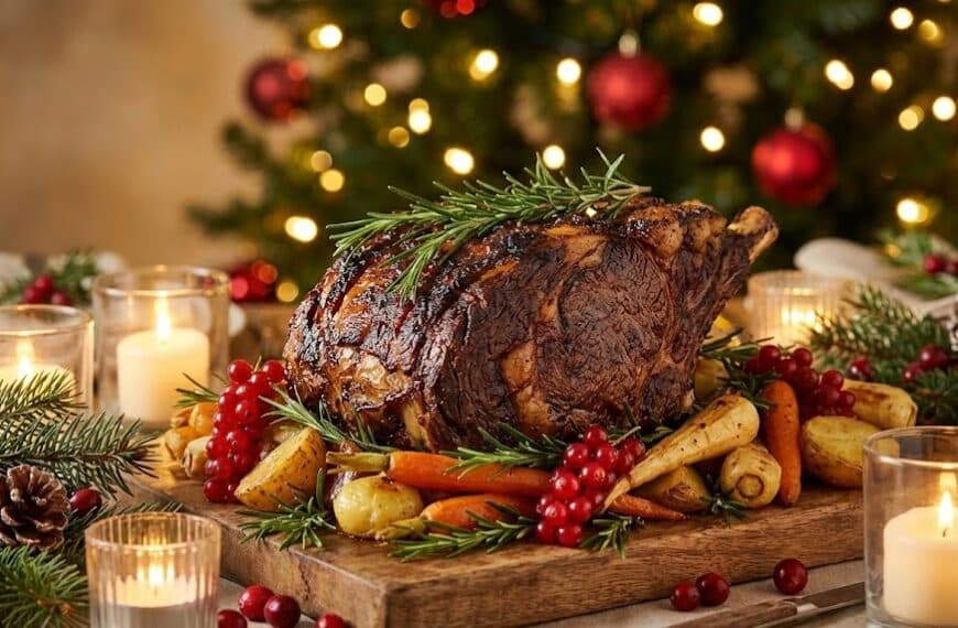 Εντυπωσιακό premium χριστουγεννιάτικο ψητό μοσχάρι σε γιορτινό τραπέζι με κεριά, πρόταση για ρεβεγιόν από το Meat Hall Καλλιάγρας.