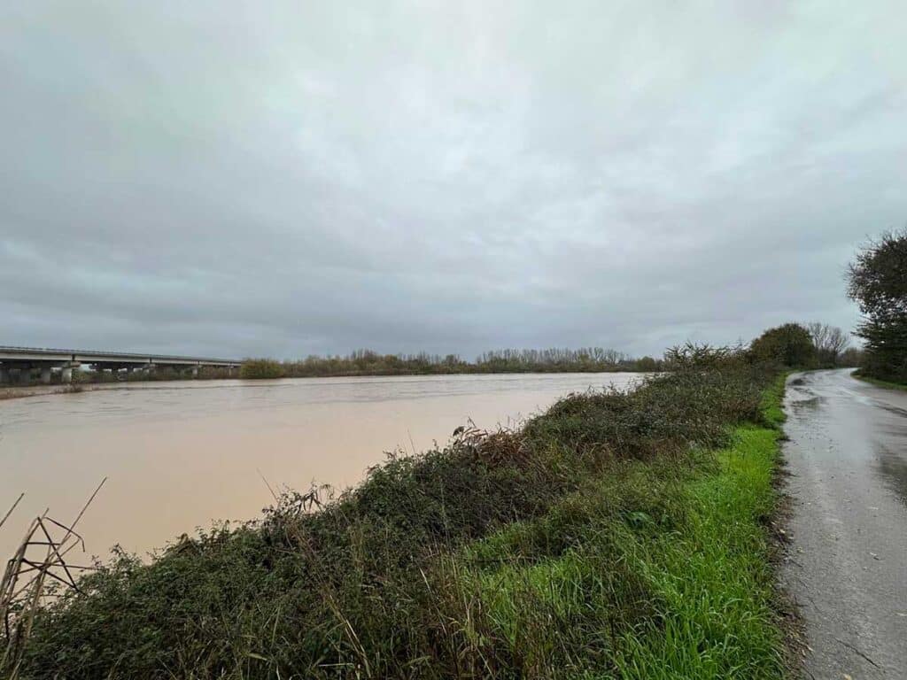 Ο Πηνειός ποταμός με υψηλή στάθμη νερού από Μεγάλα Καλύβια έως Γλίνος, με εκτεταμένη πλημμυρική εικόνα γύρω από τα αναχώματα και τη γέφυρα του Ε65.