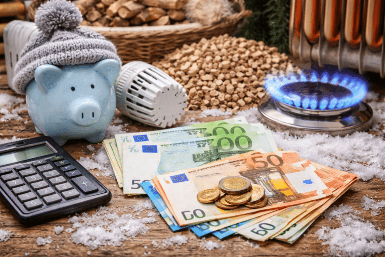 Σύμβολα θέρμανσης και οικονομικής ενίσχυσης με χρήματα, καυσόξυλα και φυσικό αέριο για το επίδομα θέρμανσης 2026