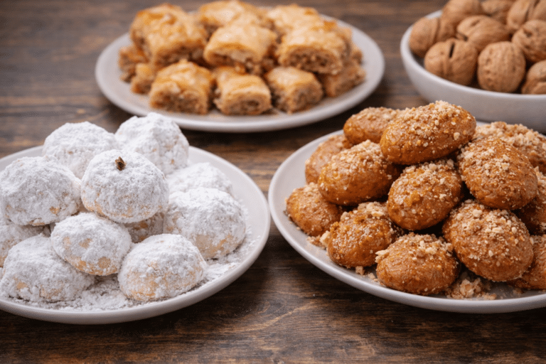 Παραδοσιακά ελληνικά γλυκά σε πιατέλες, κουραμπιέδες με άχνη, μελομακάρονα με μέλι και καρύδια και μπακλαβάς, σε εορταστικό τραπέζι.