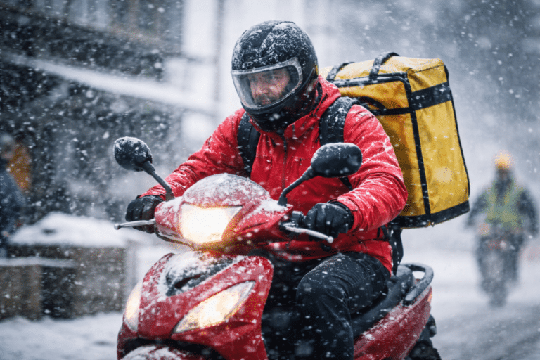 Εργαζόμενος delivery σε εξωτερικό χώρο κατά τη διάρκεια ακραίων καιρικών φαινομένων