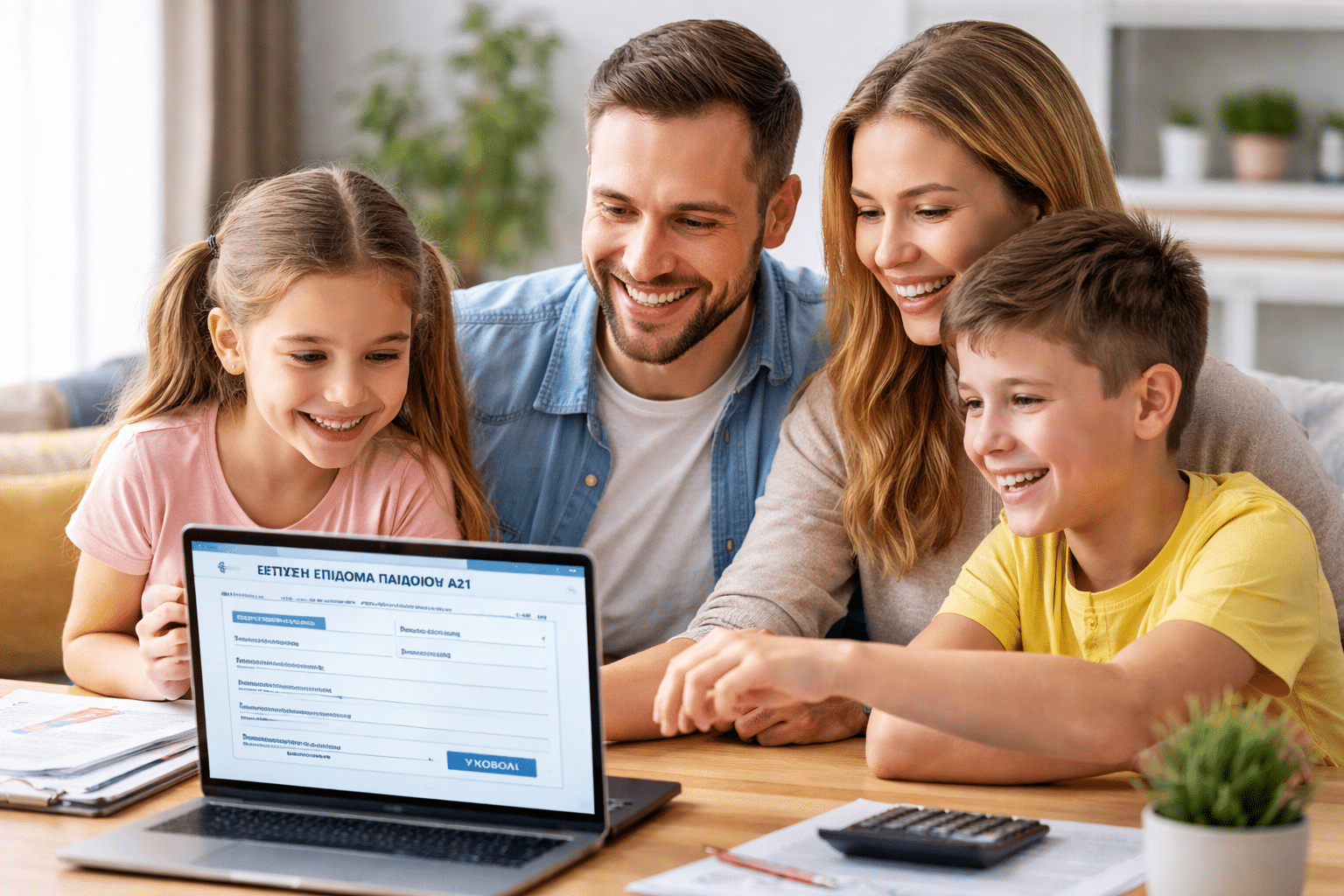 Οικογένεια με δύο παιδιά μπροστά σε φορητό υπολογιστή, συμπληρώνει ηλεκτρονική αίτηση για το επίδομα παιδιού A21 στο σπίτι