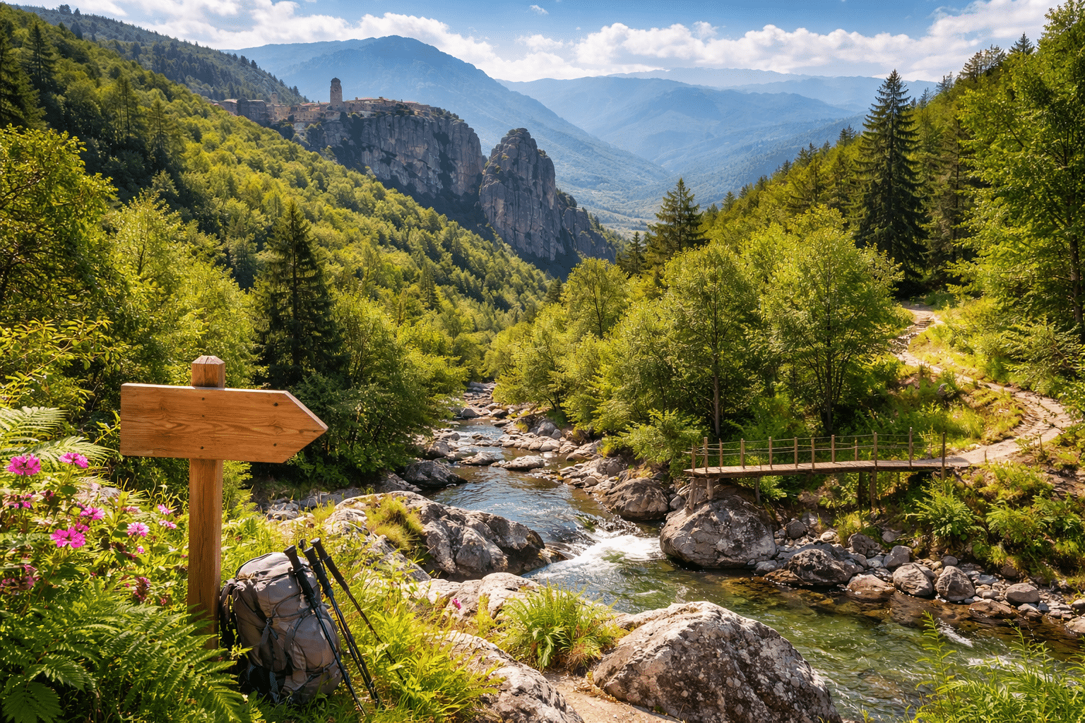Φυσικό τοπίο στον Νομό Τρικάλων με ορεινό μονοπάτι, ποτάμι και δασική βλάστηση, παράδειγμα βιώσιμης ανάπτυξης και εναλλακτικού τουρισμού