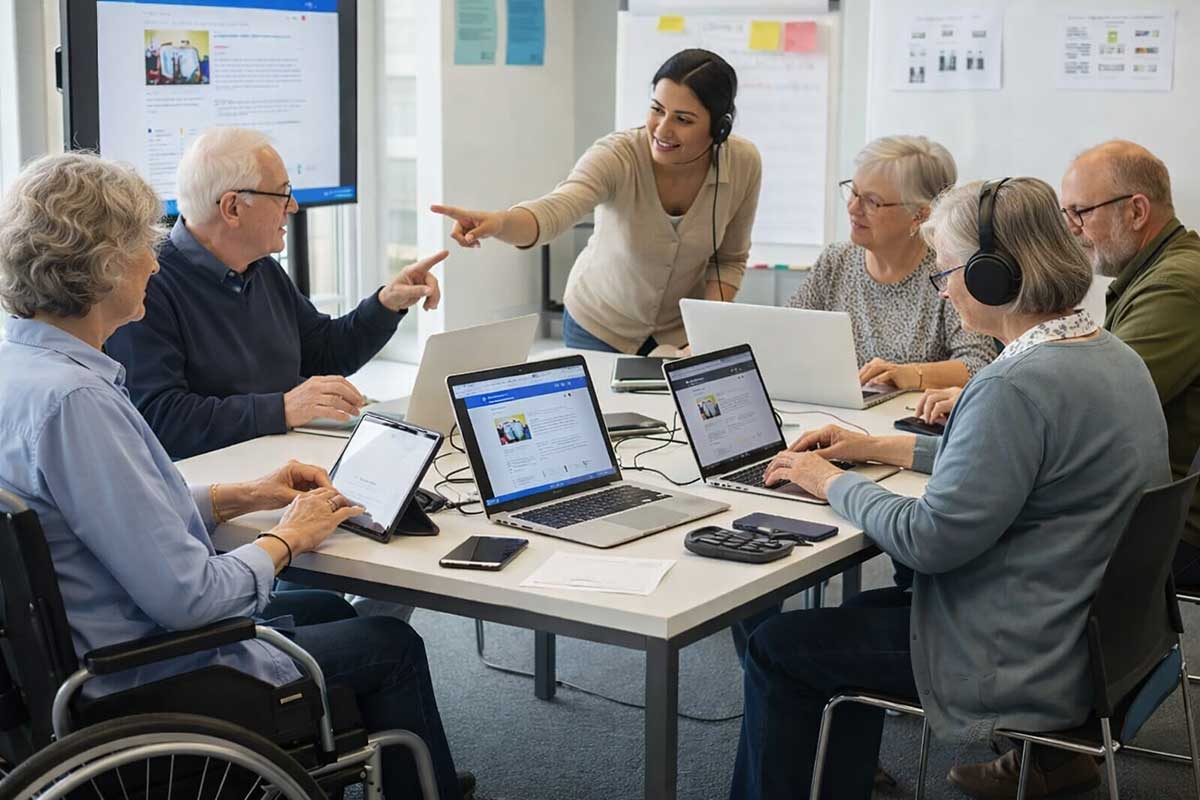 Ψηφιακή εκπαίδευση ηλικιωμένων και ατόμων με αναπηρία σε αίθουσα υπολογιστών με εκπαιδευτή και laptops