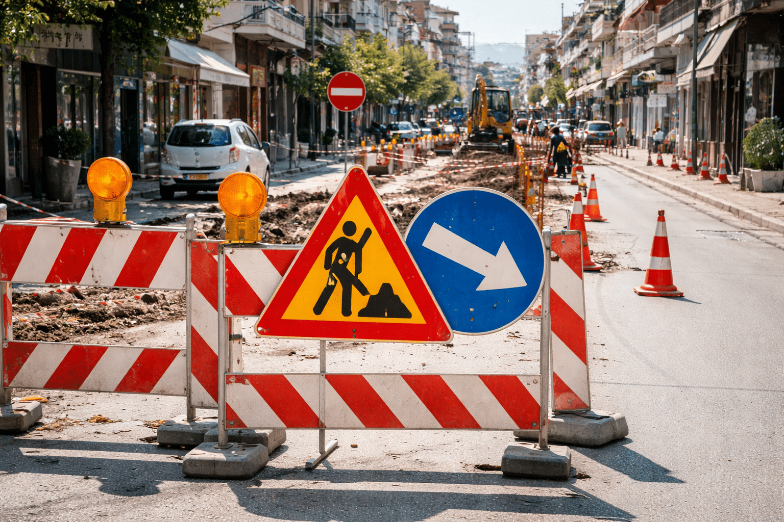εργασίες σε δρόμο των Τρικάλων με προσωρινές κυκλοφοριακές ρυθμίσεις και σήμανση έργων