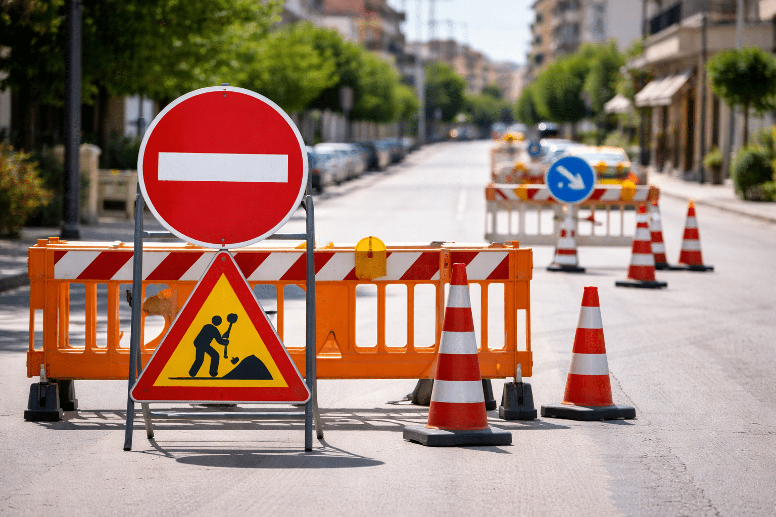 Προσωρινή διακοπή κυκλοφορίας σε δρόμο των Τρικάλων με κορδέλες, κώνους και σήμανση έργων χωρίς οχήματα.