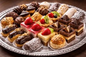 Πιατέλα με ποικιλία γλυκών και πάστες για κέρασμα σε γιορτή ή εορτολόγιο