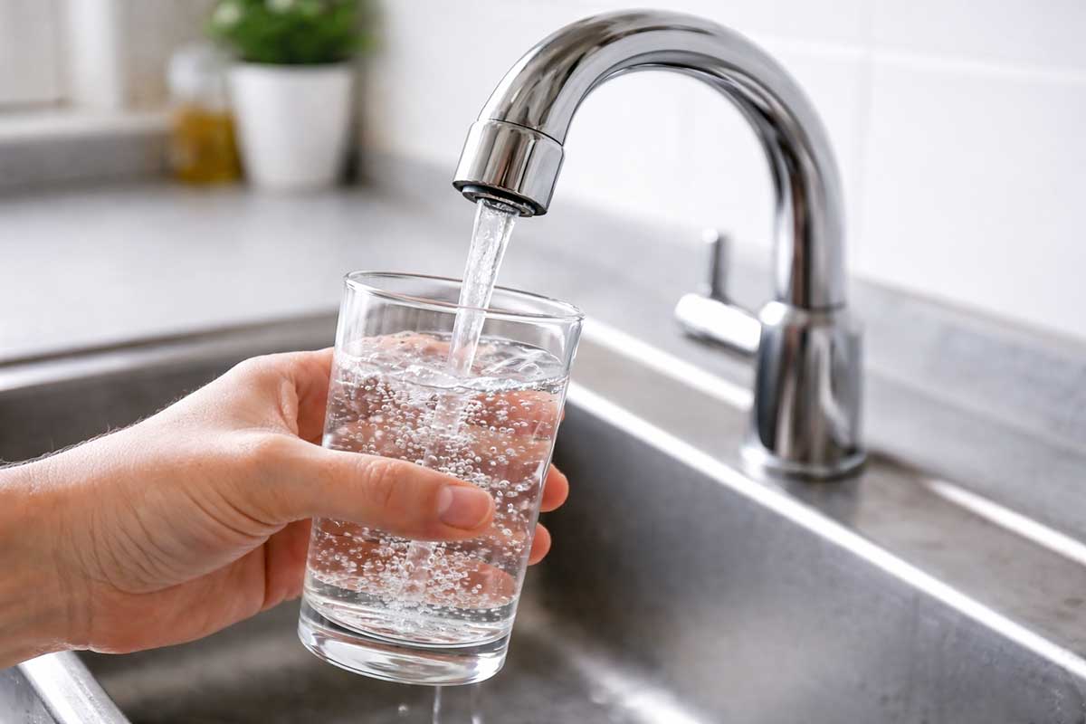 Χέρι γεμίζει ποτήρι με νερό από βρύση κουζίνας μετά από έλεγχο καταλληλότητας πόσιμου νερού