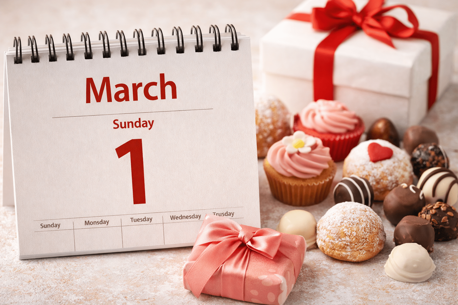 Ημερολόγιο που δείχνει 1 Μαρτίου με γλυκά και δώρα για ονομαστική εορτή