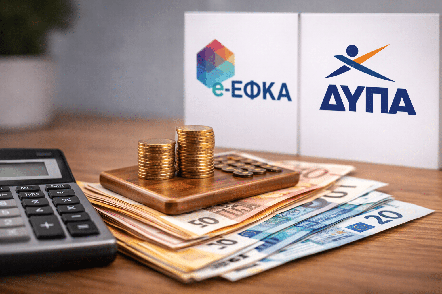 Χαρτονομίσματα και κέρματα ευρώ που συμβολίζουν πληρωμές επιδομάτων από e-ΕΦΚΑ και ΔΥΠΑ.