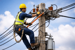 Εναερίτης εργάζεται σε στύλο ηλεκτροδότησης κατά τη διάρκεια τεχνικών εργασιών στο δίκτυο