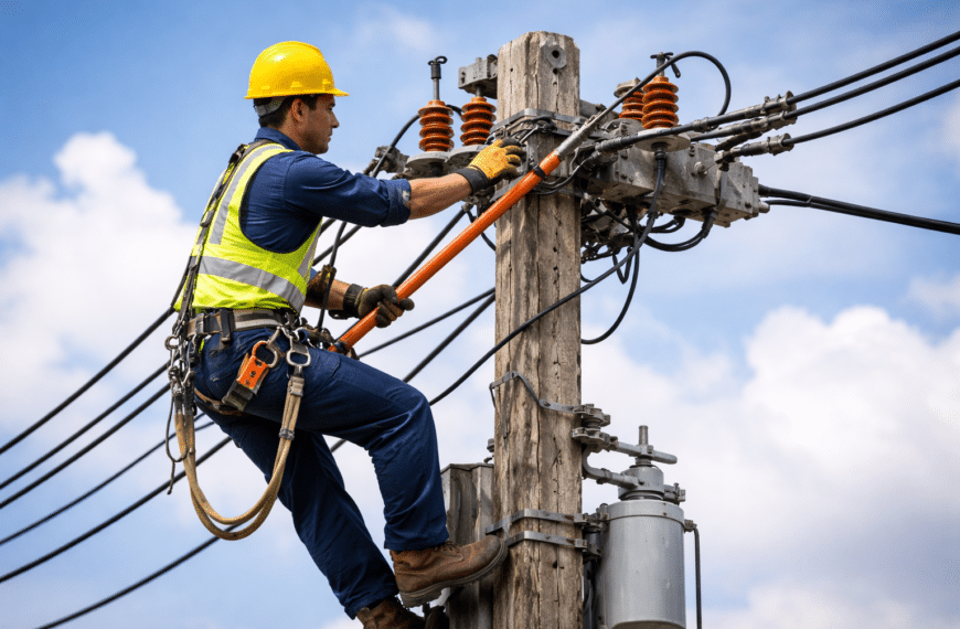 Εναερίτης εργάζεται σε στύλο ηλεκτροδότησης κατά τη διάρκεια τεχνικών εργασιών στο δίκτυο