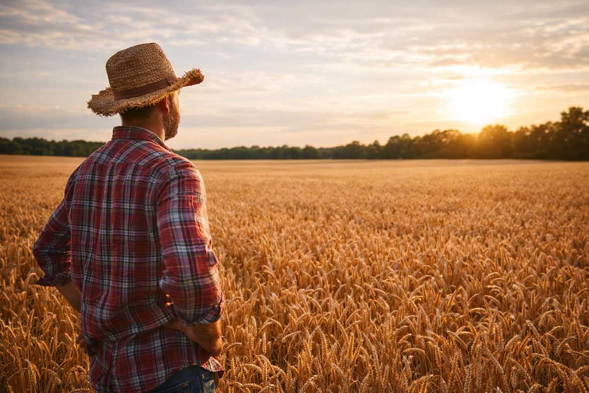αγρότης σε χωράφι σιταριού στη Θεσσαλία – καλλιέργεια γηγενών σπόρων