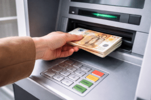Χέρι βγάζει χαρτονομίσματα ευρώ από ΑΤΜ κατά τη διαδικασία ανάληψης χρημάτων