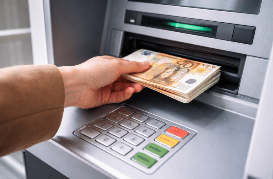 Χέρι βγάζει χαρτονομίσματα ευρώ από ΑΤΜ κατά τη διαδικασία ανάληψης χρημάτων
