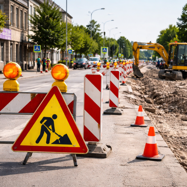 εργασίες οδοποιίας Τρίκαλα κυκλοφοριακές ρυθμίσεις με σήμανση και εκσκαφέα