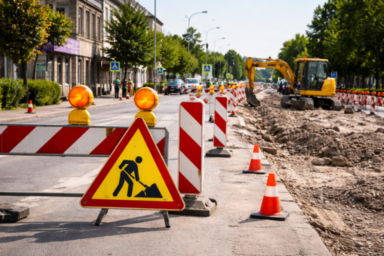 εργασίες οδοποιίας Τρίκαλα κυκλοφοριακές ρυθμίσεις με σήμανση και εκσκαφέα