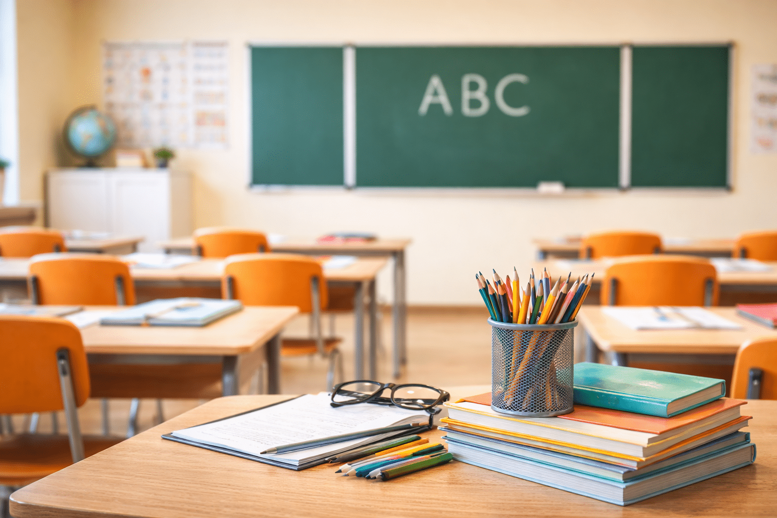 Αίθουσα δημοτικού σχολείου με θρανία, σχολικά βιβλία και πίνακα που συμβολίζει θέσεις δασκάλων ΠΕ70 στην εκπαίδευση.