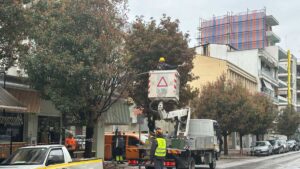 Κλάδεμα δέντρων στην οδό Τσιτσάνη στα Τρίκαλα με καλαθοφόρο όχημα υπό βροχή