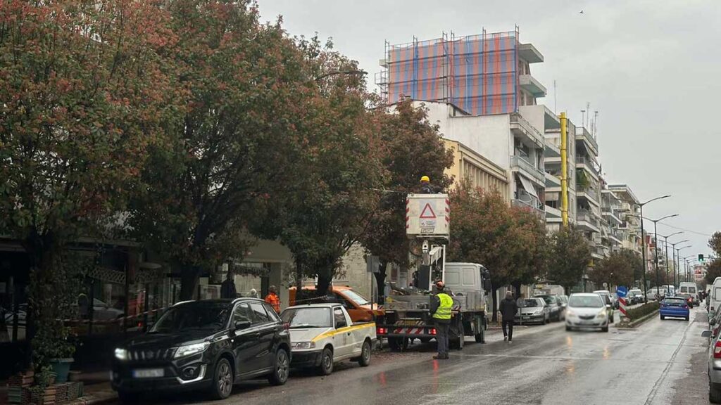 Συνεργείο κλαδέματος δέντρων στην οδό Τσιτσάνη στα Τρίκαλα εν μέσω κακοκαιρίας Μαρτίου