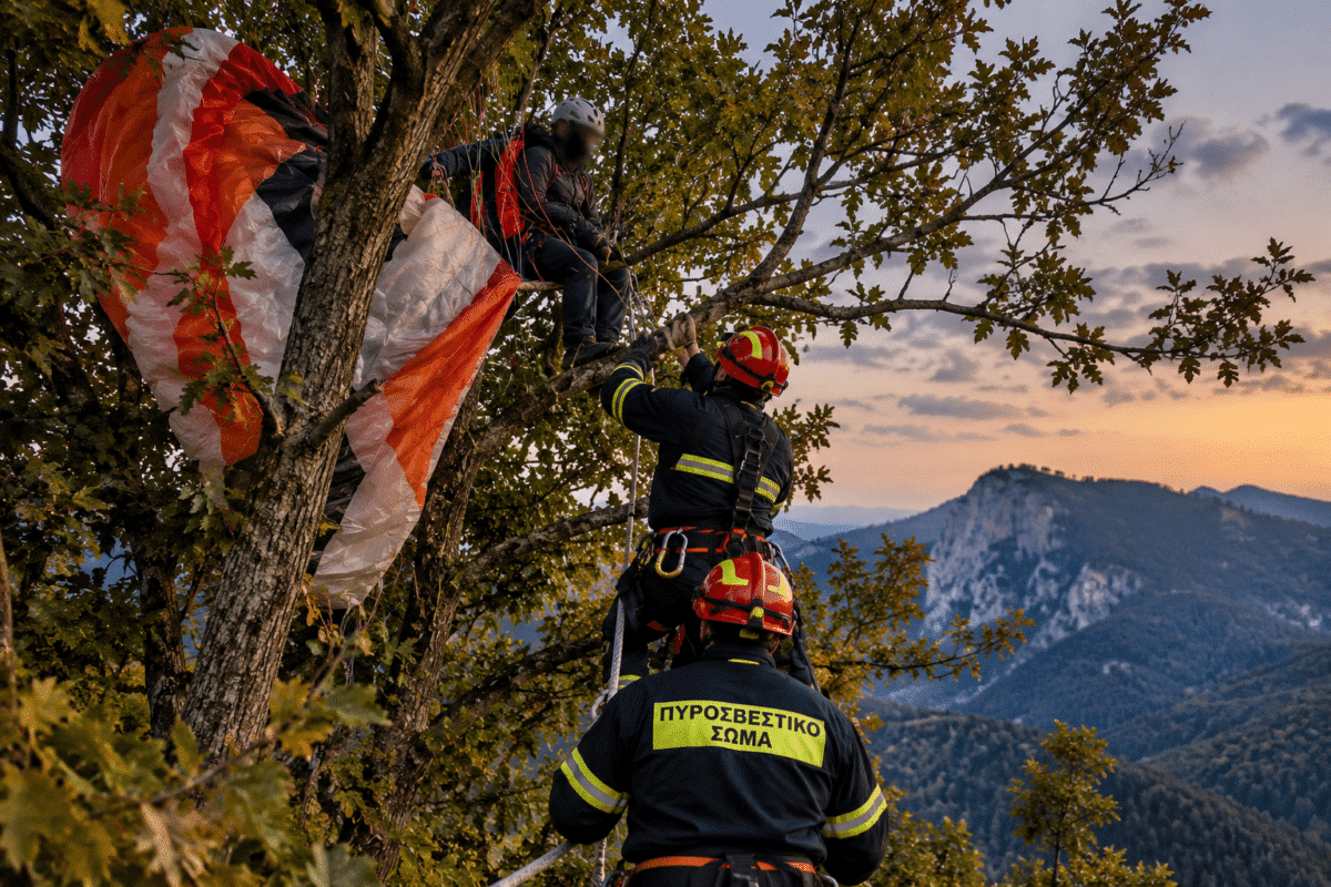 Τρίκαλα: Αλεξιπτωτιστής εγκλωβίστηκε σε δέντρο στον Κόζιακα